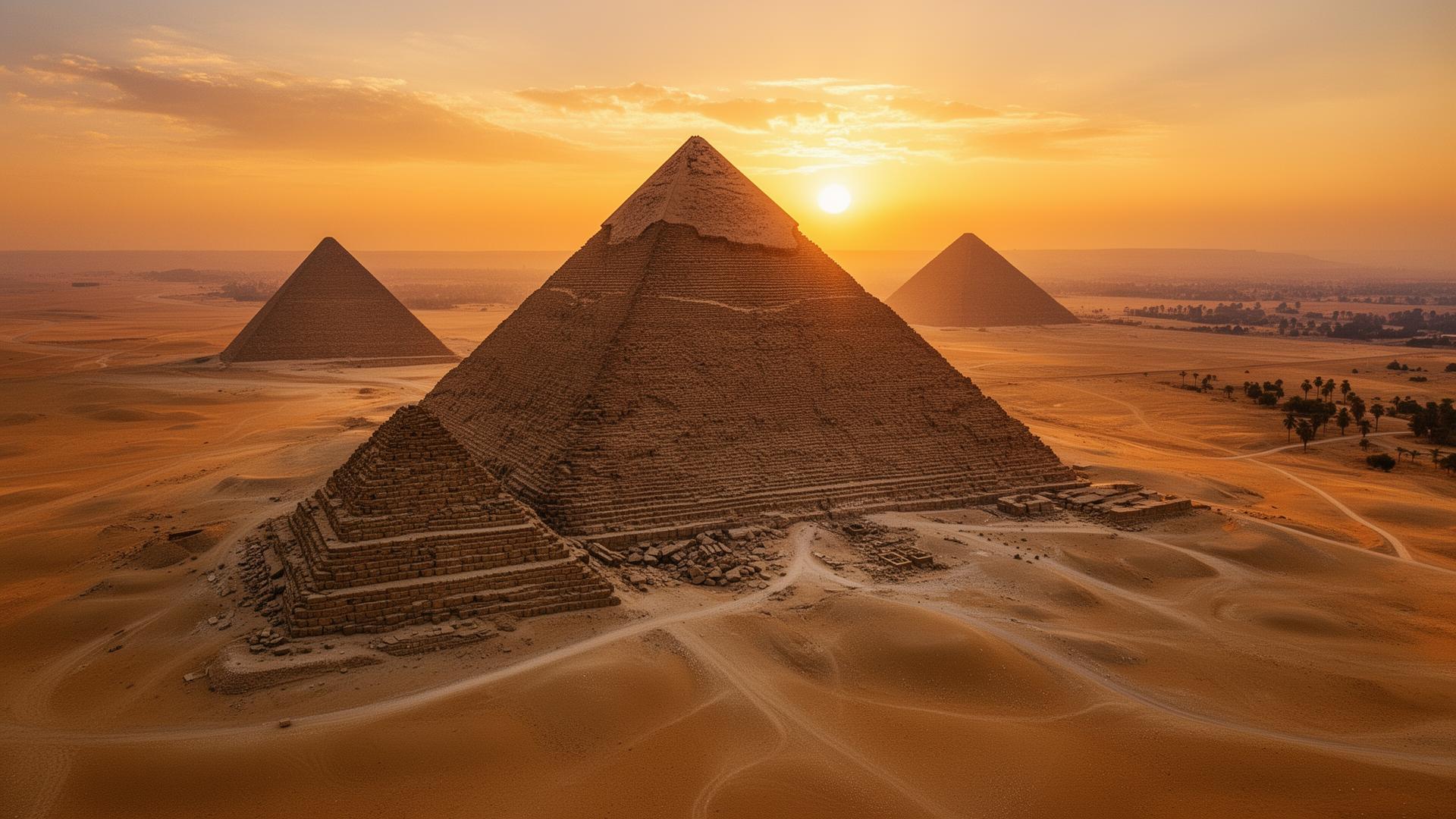 Pyramids of Giza at sunset